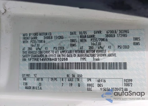 2006 Ford E-150 Commercial/Recreational из США, поврежденный, VIN 1FTRE14WX6HB10268